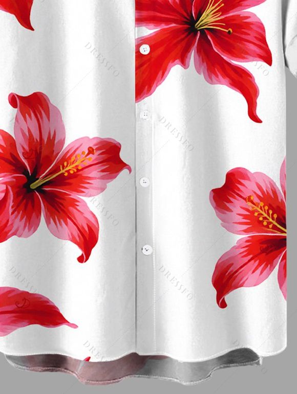Men's Vacation Shirt Watercolor Tropical Hibiscus Floral Print Button Up Shirt - Rouge 5XL