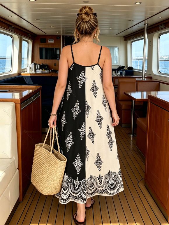 Bohemian Vacation Dress Contrast Color Baroque Damask Print Spaghetti Strap Maxi Dress - Noir M | US 6