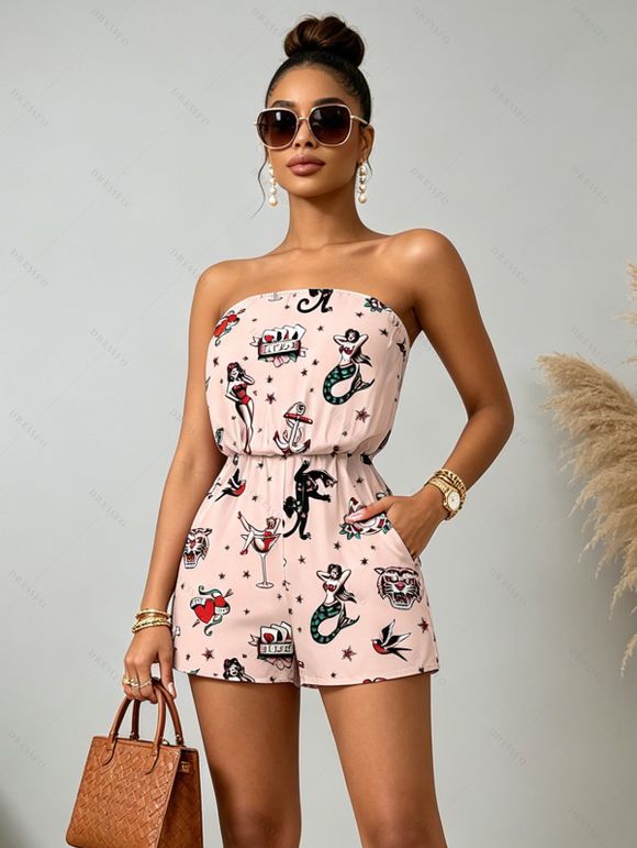 Vacation Couple Outfit Vintage Old School Tattoo Print Pocket Off the Shoulder Romper and Shirt Set - Rose S | US 4