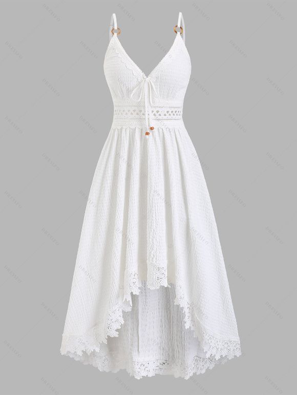 Western Country Style Dress Solid Color Lace Trim Crochet Scalloped Tied Spaghetti Strap Dress - Blanc XXL | US 14