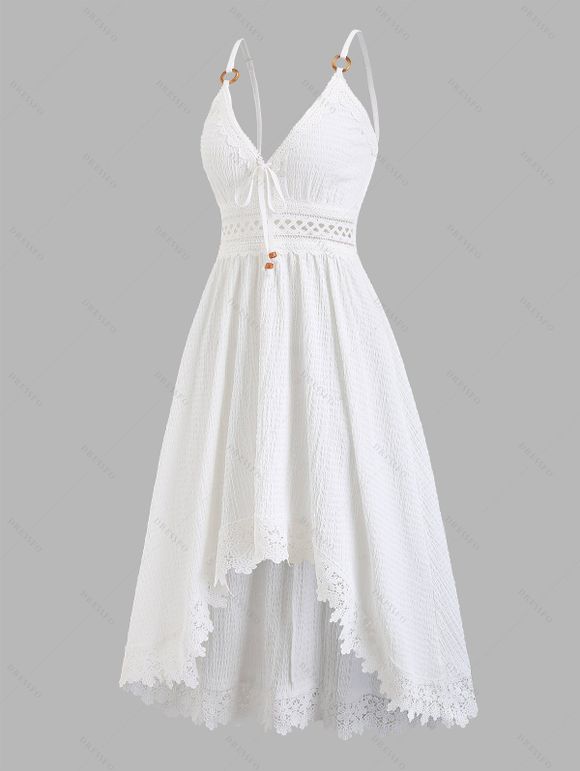 Western Country Style Dress Solid Color Lace Trim Crochet Scalloped Tied Spaghetti Strap Dress - Blanc XXL | US 14