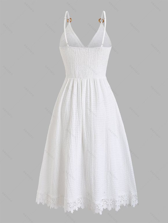 Western Country Style Dress Solid Color Lace Trim Crochet Scalloped Tied Spaghetti Strap Dress - Blanc XXL | US 14