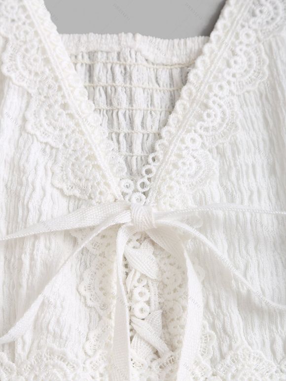 Western Country Style Dress Solid Color Lace Trim Crochet Scalloped Tied Spaghetti Strap Dress - Blanc XXL | US 14
