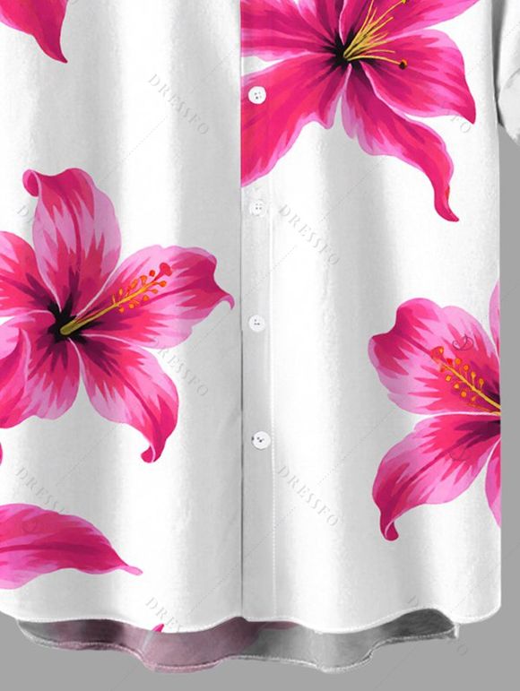 Men's Vacation Shirt Watercolor Tropical Hibiscus Floral Print Button Up Shirt - Rose Vif 5XL