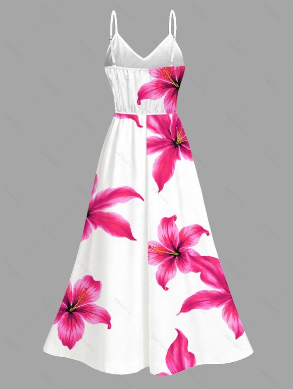 Vacation Dress Watercolor Tropical Hibiscus Floral Print Lace Hollow Out Slit Dress - Rose Vif L | US 8-10