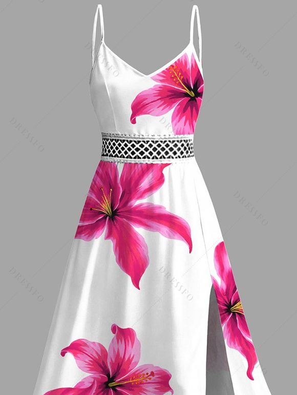 Vacation Dress Watercolor Tropical Hibiscus Floral Print Lace Hollow Out Slit Dress - Rose Vif L | US 8-10