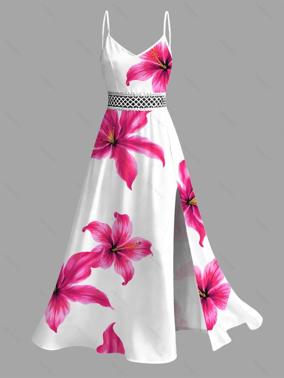 Vacation Couple Outfit Watercolor Hibiscus Floral Print Lace Hollow Out Slit Dress and Shirt Set - Rose Vif S | US 4