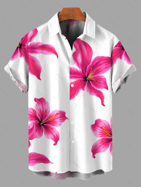 Vacation Couple Outfit Watercolor Hibiscus Floral Print Lace Hollow Out Slit Dress and Shirt Set - Rose Vif S | US 4