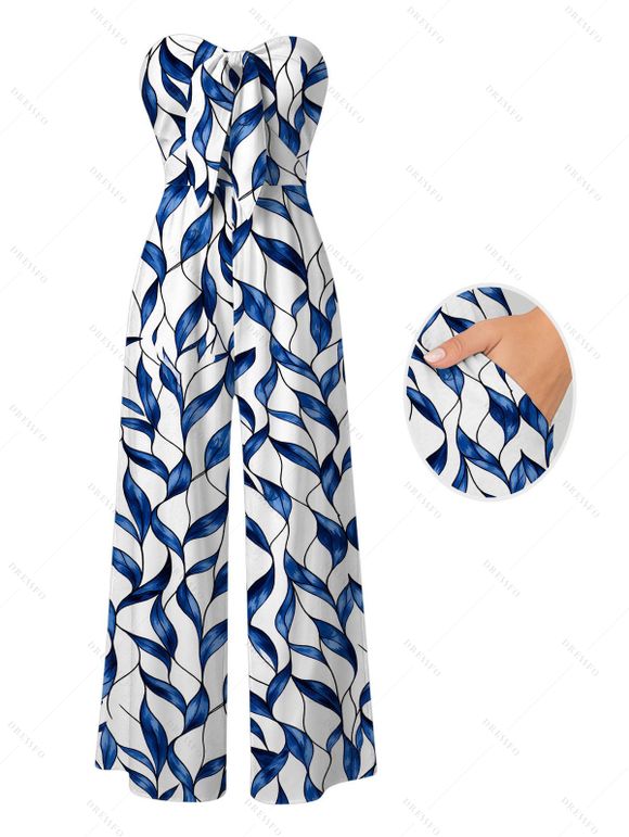 Hawaiian Vacation Jumpsuit Abstract Leaf Print Tied Pocket Off the Shoulder Jumpsuit - Bleu profond XXXL | US 16