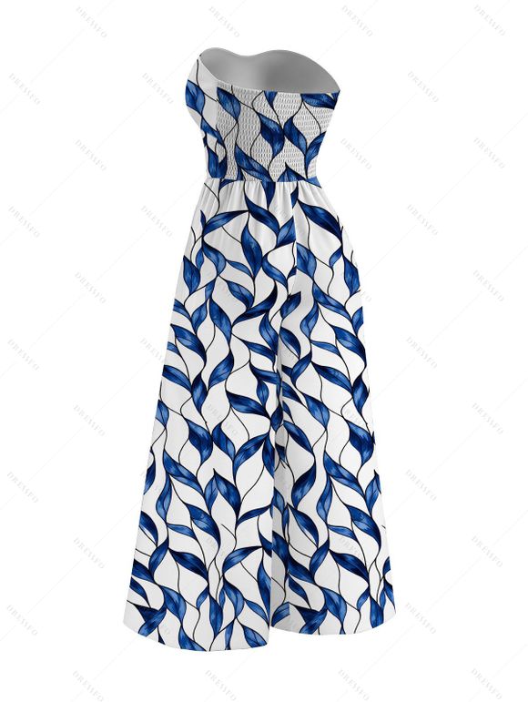 Hawaiian Vacation Jumpsuit Abstract Leaf Print Tied Pocket Off the Shoulder Jumpsuit - Bleu profond XXXL | US 16