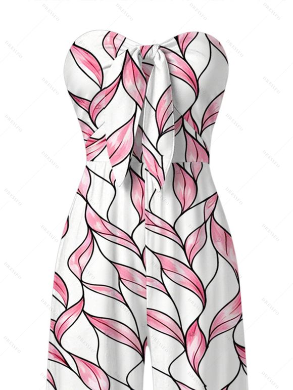 Hawaiian Vacation Jumpsuit Abstract Leaf Print Tied Pocket Off the Shoulder Jumpsuit - Rose XXXL | US 16