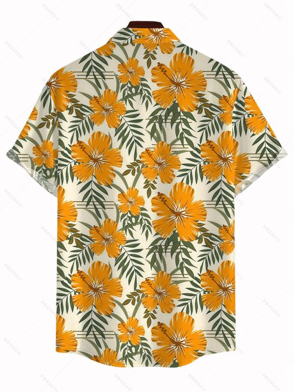 Men's Vacation Shirt Hibiscus Floral Leaf Print Button Up Shirt - Brun Doré 5XL