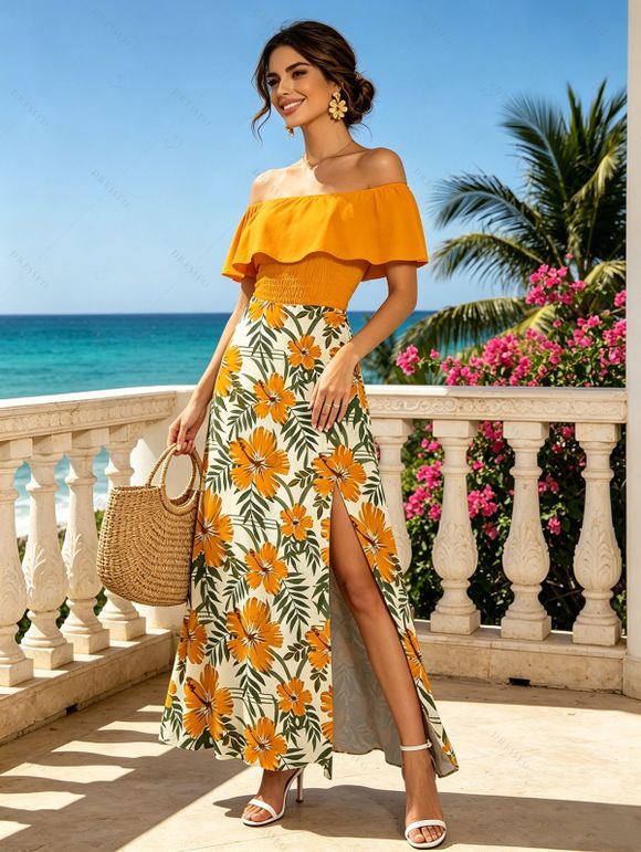 Vacation Dress Hibiscus Floral Leaf Print Flounce Smocked Slit Dress - Brun Doré XXL | US 14