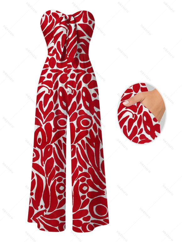 Vacation Wide Leg Jumpsuit Abstract Graffiti Print Tied Pocket Off the Shoulder Jumpsuit - Rouge XXXL | US 16