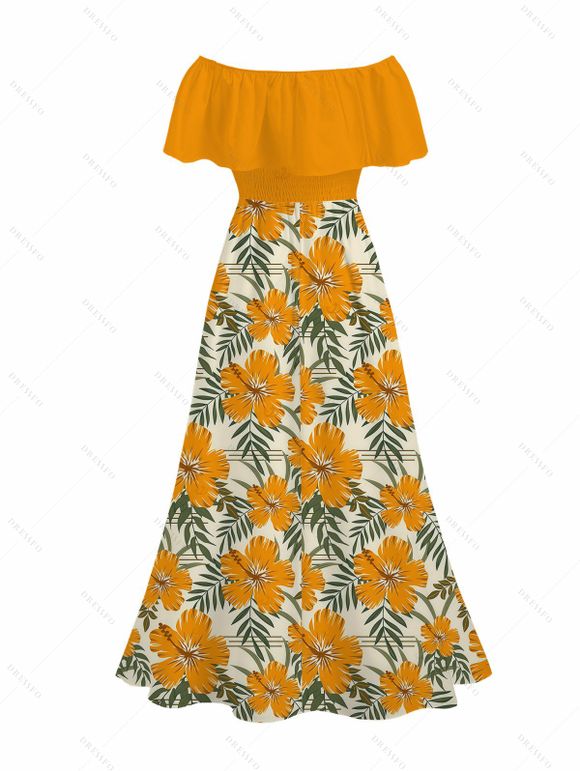 Vacation Dress Hibiscus Floral Leaf Print Flounce Smocked Slit Dress - Brun Doré XXL | US 14