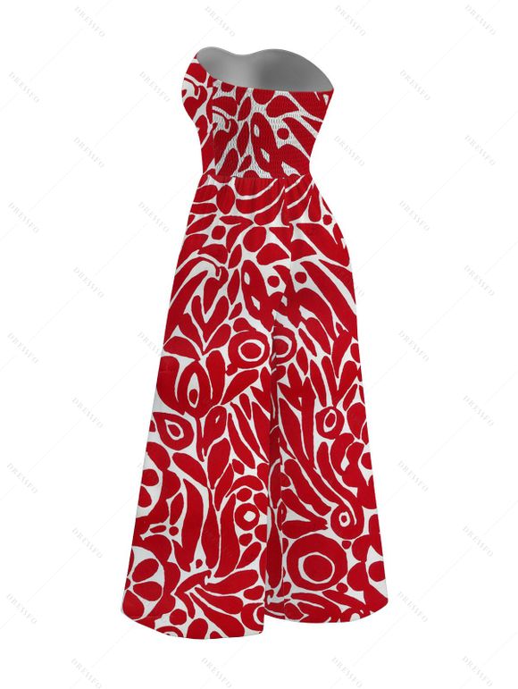 Vacation Wide Leg Jumpsuit Abstract Graffiti Print Tied Pocket Off the Shoulder Jumpsuit - Rouge XXXL | US 16