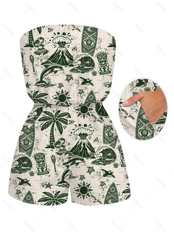 Hawaiian Vacation Romper Wave Tribal Print Pocket Off the Shoulder Romper - Vert profond XXL | US 14