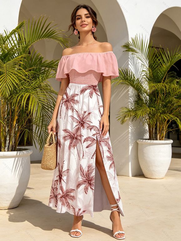 Vacation Dress Colorblock Coconut Tree Print Flounce Off the Shoulder Smocked Slit Dress - Rose XXXL | US 16