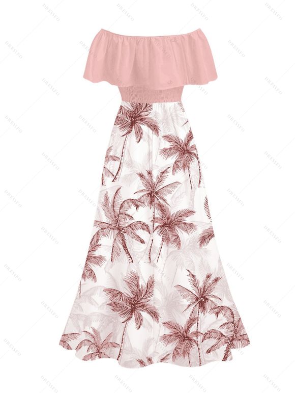 Vacation Dress Colorblock Coconut Tree Print Flounce Off the Shoulder Smocked Slit Dress - Rose XXXL | US 16
