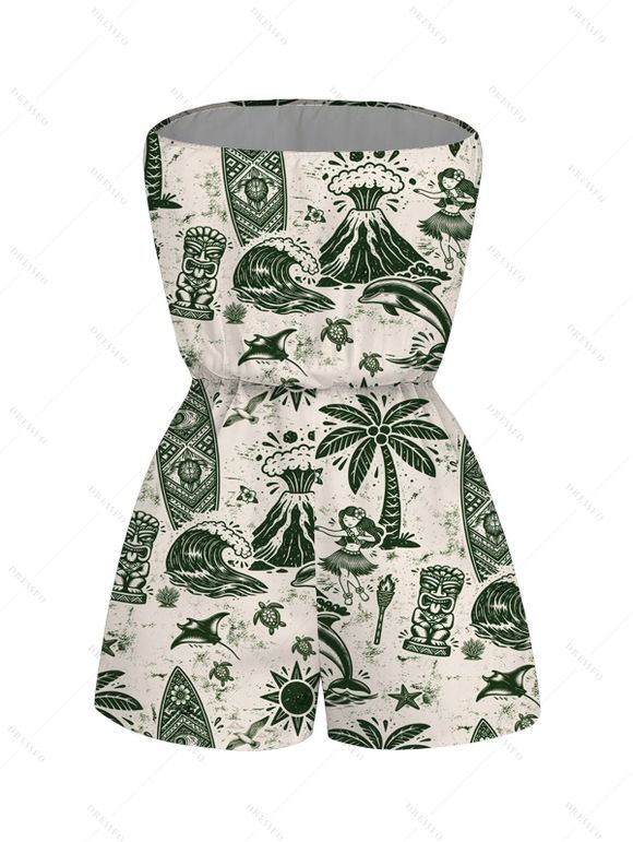 Hawaiian Vacation Romper Wave Tribal Print Pocket Off the Shoulder Romper - Vert profond XXL | US 14
