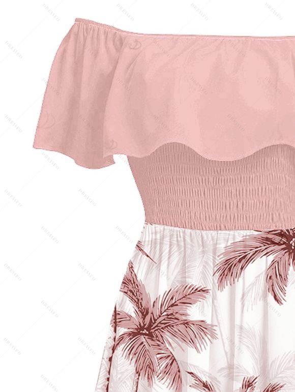 Vacation Dress Colorblock Coconut Tree Print Flounce Off the Shoulder Smocked Slit Dress - Rose XXXL | US 16