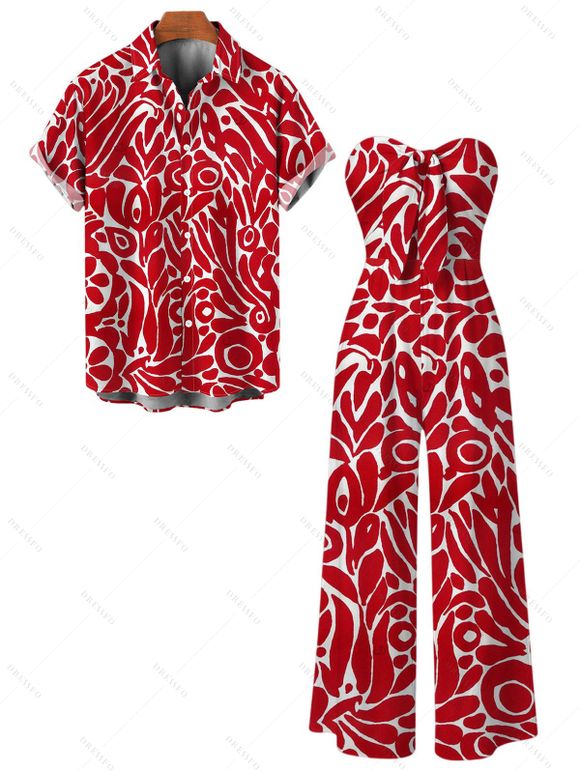 Hawaiian Vacation Couple Outfit Abstract Graffiti Print Tied Pocket Off the Shoulder Wide Leg Jumpsuit and Shirt Set - Rouge S | US 4