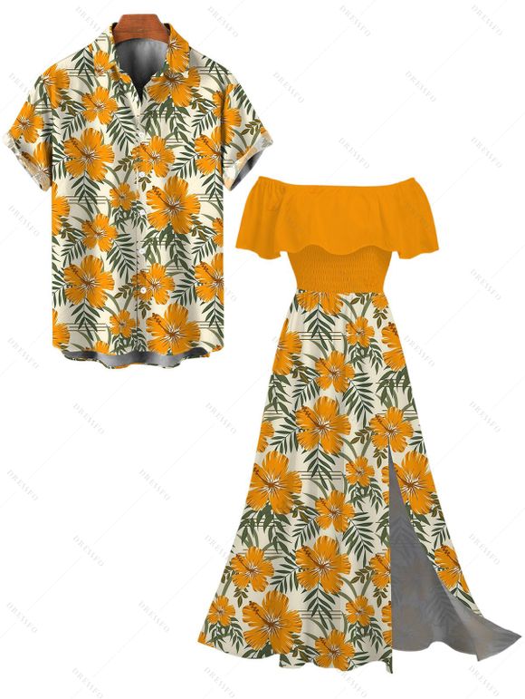 Hawaiian Vacation Couple Outfit Hibiscus Floral Leaf Print Flounce Smocked Slit Dress and Shirt Set - Brun Doré S | US 4