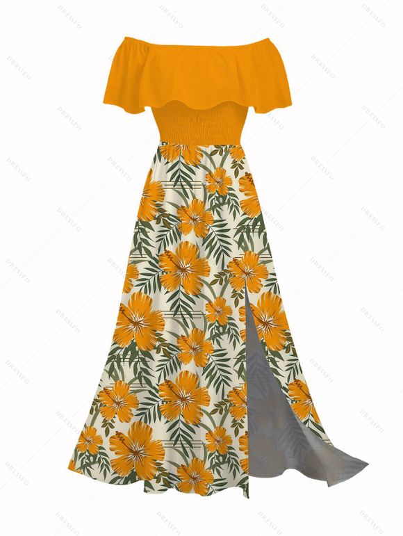 Hawaiian Vacation Couple Outfit Hibiscus Floral Leaf Print Flounce Smocked Slit Dress and Shirt Set - Brun Doré S | US 4