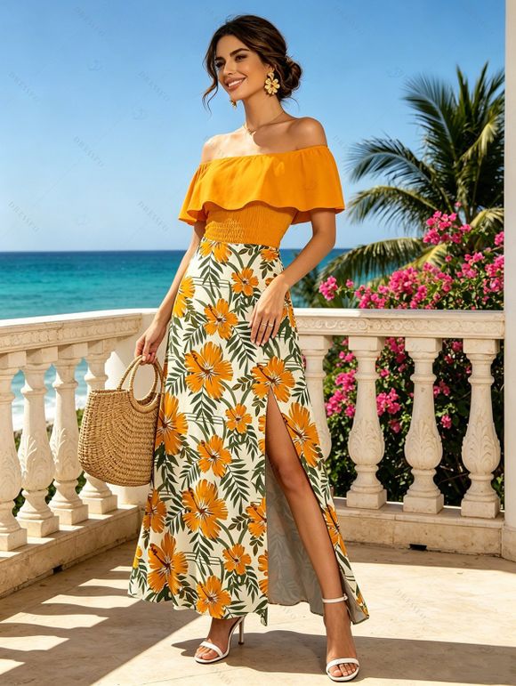 Hawaiian Vacation Couple Outfit Hibiscus Floral Leaf Print Flounce Smocked Slit Dress and Shirt Set - Brun Doré S | US 4
