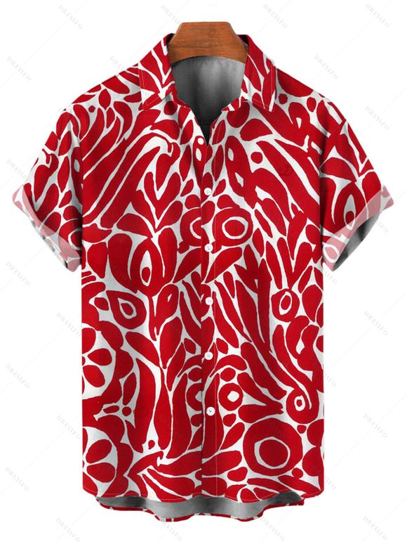 Hawaiian Vacation Couple Outfit Abstract Graffiti Print Tied Pocket Off the Shoulder Wide Leg Jumpsuit and Shirt Set - Rouge S | US 4