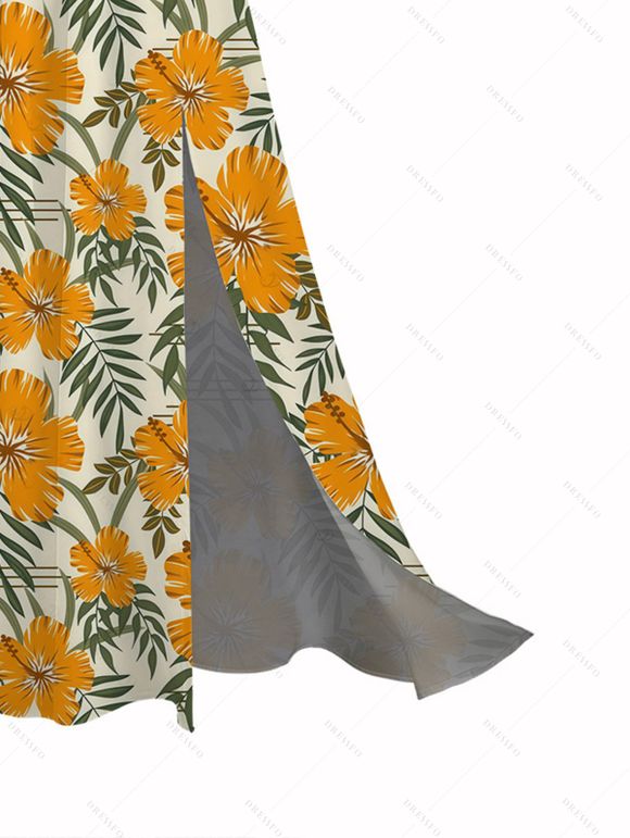 Hawaiian Vacation Couple Outfit Hibiscus Floral Leaf Print Flounce Smocked Slit Dress and Shirt Set - Brun Doré S | US 4