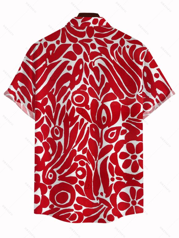 Hawaiian Vacation Couple Outfit Abstract Graffiti Print Tied Pocket Off the Shoulder Wide Leg Jumpsuit and Shirt Set - Rouge S | US 4