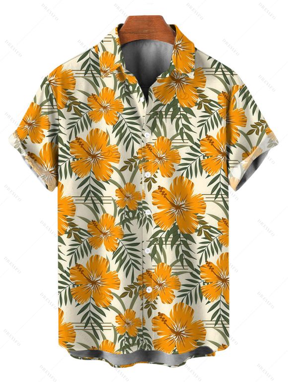 Hawaiian Vacation Couple Outfit Hibiscus Floral Leaf Print Flounce Smocked Slit Dress and Shirt Set - Brun Doré S | US 4