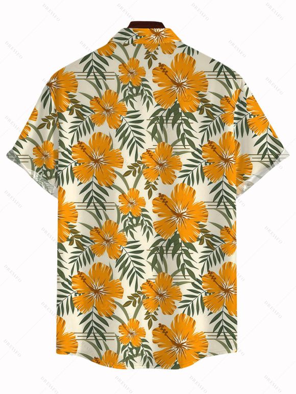 Hawaiian Vacation Couple Outfit Hibiscus Floral Leaf Print Flounce Smocked Slit Dress and Shirt Set - Brun Doré S | US 4