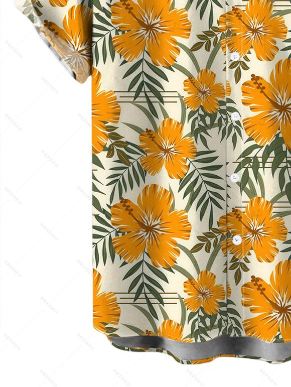 Hawaiian Vacation Couple Outfit Hibiscus Floral Leaf Print Flounce Smocked Slit Dress and Shirt Set - Brun Doré S | US 4