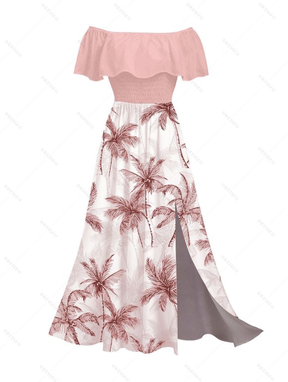 Vacation Couple Outfit Colorblock Coconut Tree Print Flounce Smocked Slit Dress and Shirt Set - Rose S | US 4