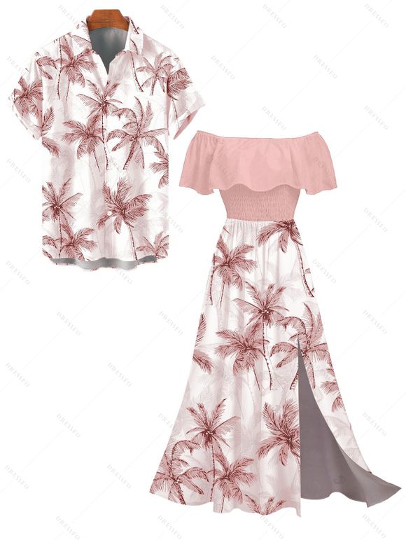 Vacation Couple Outfit Colorblock Coconut Tree Print Flounce Smocked Slit Dress and Shirt Set - Rose S | US 4