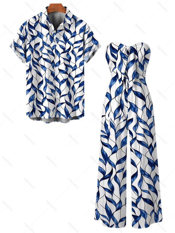 Hawaiian Vacation Couple Outfit Abstract Leaf Print Tied Pocket Off the Shoulder Jumpsuit and Shirt Set - Bleu profond S | US 4