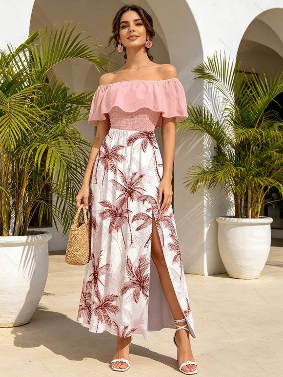 Vacation Couple Outfit Colorblock Coconut Tree Print Flounce Smocked Slit Dress and Shirt Set - Rose S | US 4