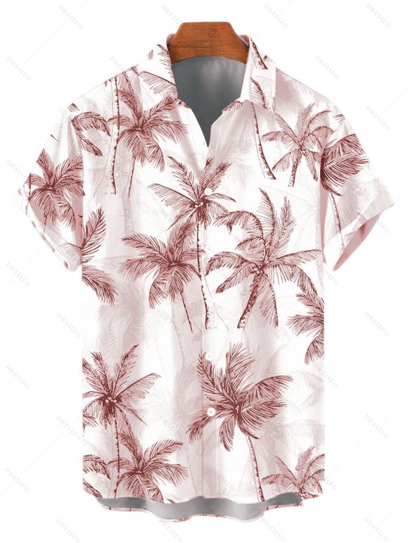 Vacation Couple Outfit Colorblock Coconut Tree Print Flounce Smocked Slit Dress and Shirt Set - Rose S | US 4