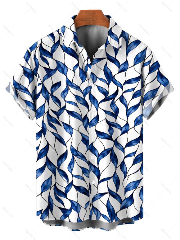Hawaiian Vacation Couple Outfit Abstract Leaf Print Tied Pocket Off the Shoulder Jumpsuit and Shirt Set - Bleu profond S | US 4