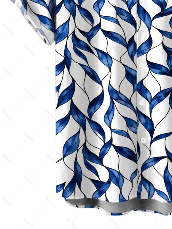 Hawaiian Vacation Couple Outfit Abstract Leaf Print Tied Pocket Off the Shoulder Jumpsuit and Shirt Set - Bleu profond S | US 4