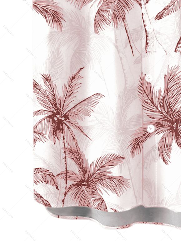 Vacation Couple Outfit Colorblock Coconut Tree Print Flounce Smocked Slit Dress and Shirt Set - Rose S | US 4