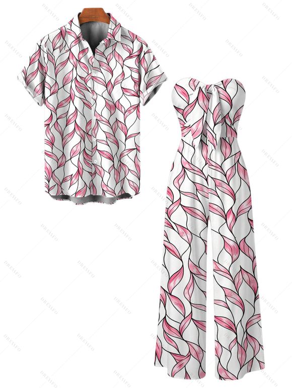 Hawaiian Vacation Couple Outfit Abstract Leaf Print Tied Pocket Off the Shoulder Jumpsuit and Shirt Set - Rose S | US 4