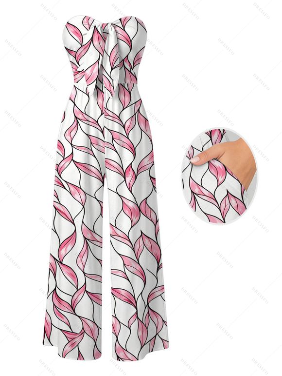 Hawaiian Vacation Couple Outfit Abstract Leaf Print Tied Pocket Off the Shoulder Jumpsuit and Shirt Set - Rose S | US 4