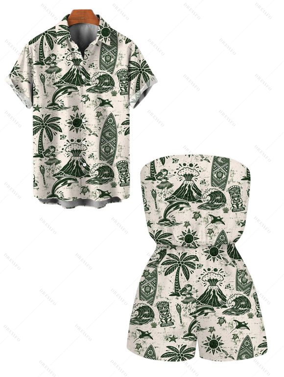 Hawaiian Vacation Couple Outfit Wave Tribal Print Pocket Off the Shoulder Romper and Shirt Set - Vert profond S | US 4