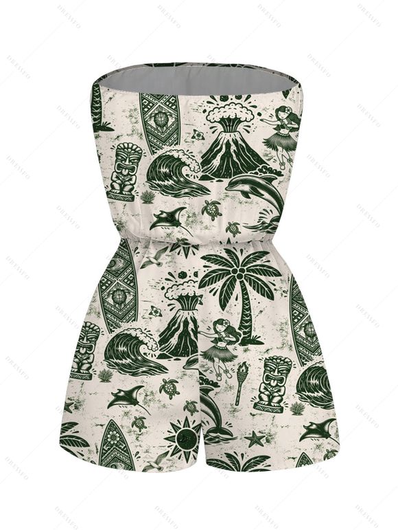 Hawaiian Vacation Couple Outfit Wave Tribal Print Pocket Off the Shoulder Romper and Shirt Set - Vert profond S | US 4