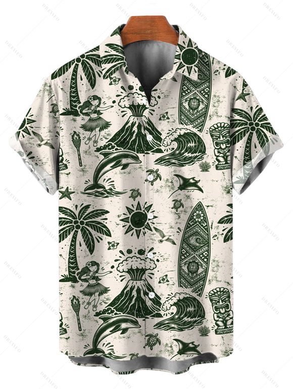 Hawaiian Vacation Couple Outfit Wave Tribal Print Pocket Off the Shoulder Romper and Shirt Set - Vert profond S | US 4