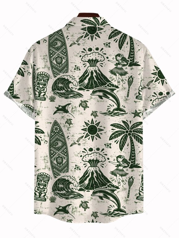 Hawaiian Vacation Couple Outfit Wave Tribal Print Pocket Off the Shoulder Romper and Shirt Set - Vert profond S | US 4