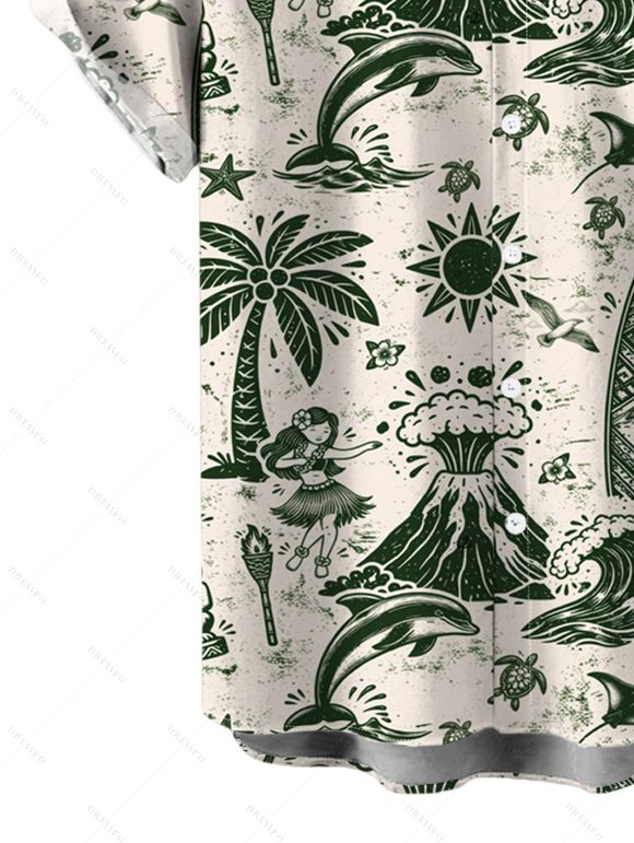 Hawaiian Vacation Couple Outfit Wave Tribal Print Pocket Off the Shoulder Romper and Shirt Set - Vert profond S | US 4